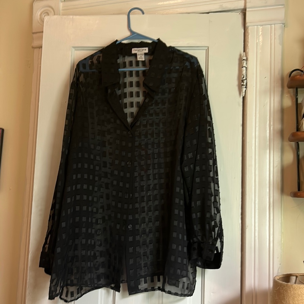 Sheer black checkered button down shirt